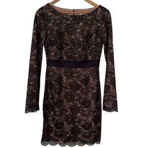 Trina Turk Dentelle Black Lace Dress Size 4 Long Sleeve Over Silk